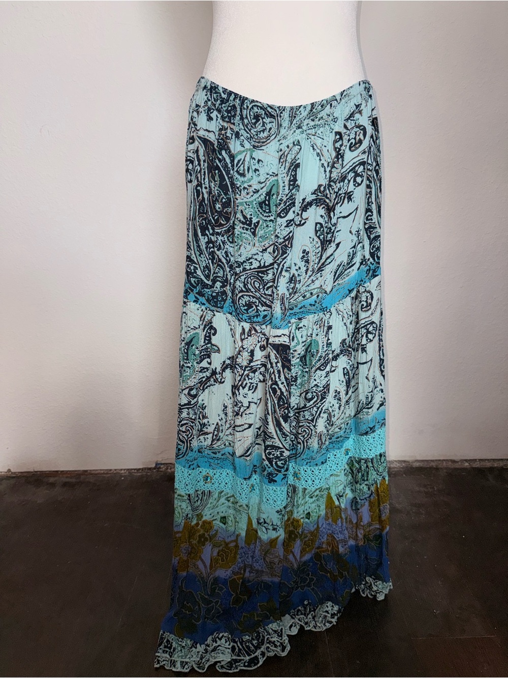 104. Tiered Paisley Maxi Skirt - Aqua Blue